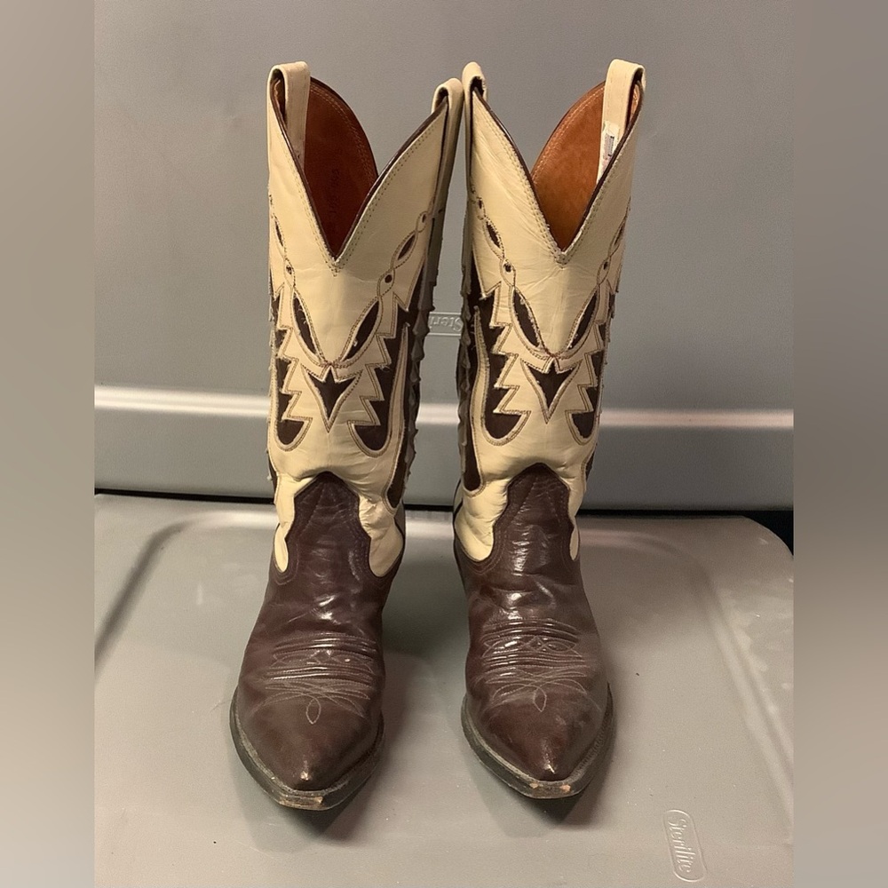Nocona Boots - Tan & Brown Inlay Cowboy Boots